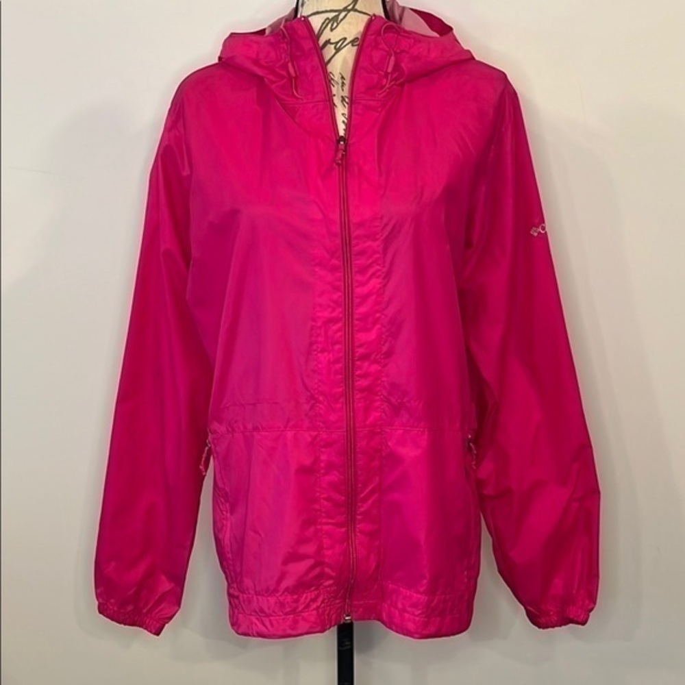 Columbia hooded windbreaker zip front jacket hot pink L